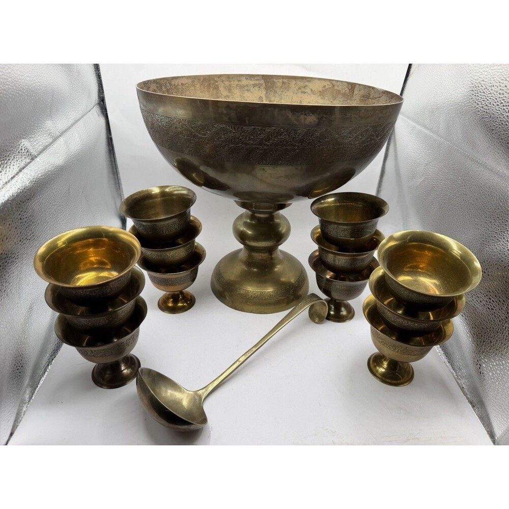 Vintage Etched Brass Pedestal Punch Bowl Set 12 Goblets Ladle Party Decor
